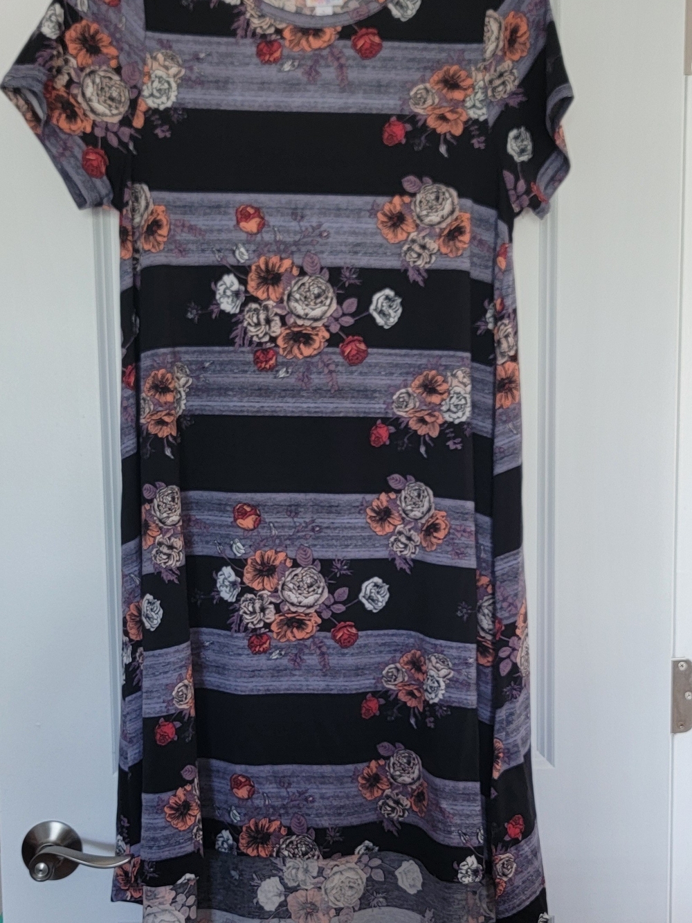 LuLaRoe Black Striped Dress with Peach and Red Floral Print. Carly Style